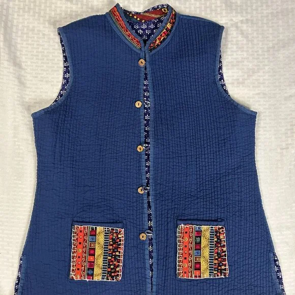 Upcycled Vintage Hippie/Boho Asian Inspired Reversible Quilted Vest Cotton M - Picture 5 of 9
